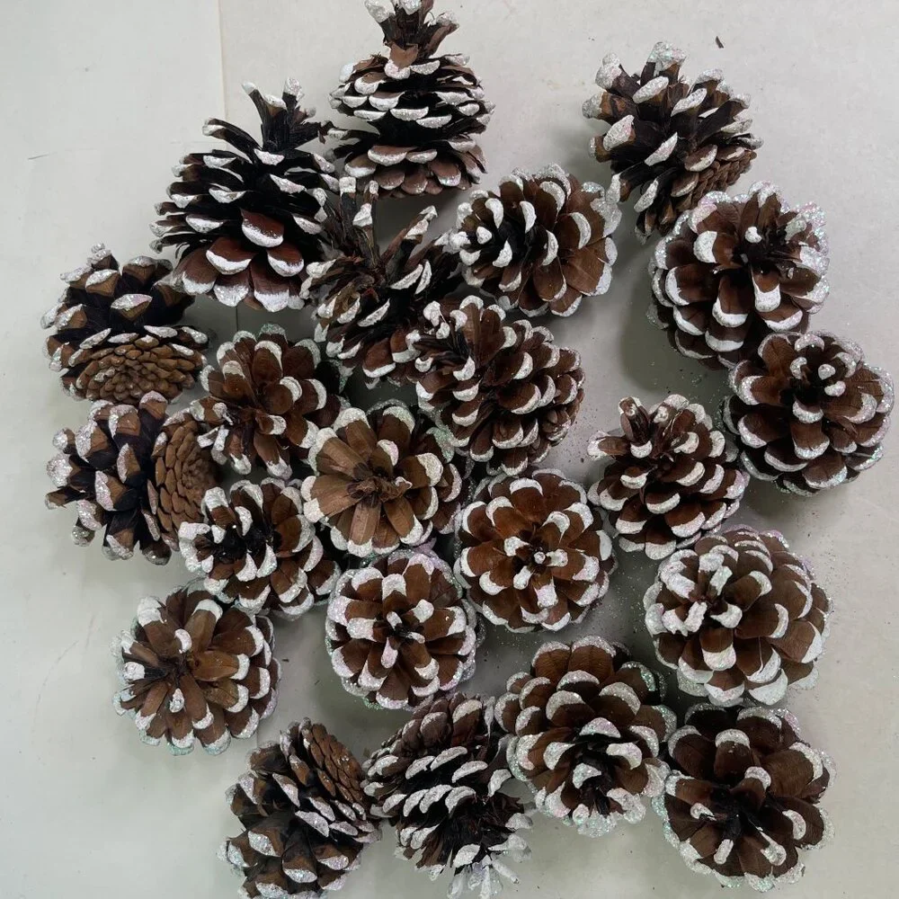 23 Real Pinecones White Glitter Painted Tips for Crafts or Decorating Avg 3